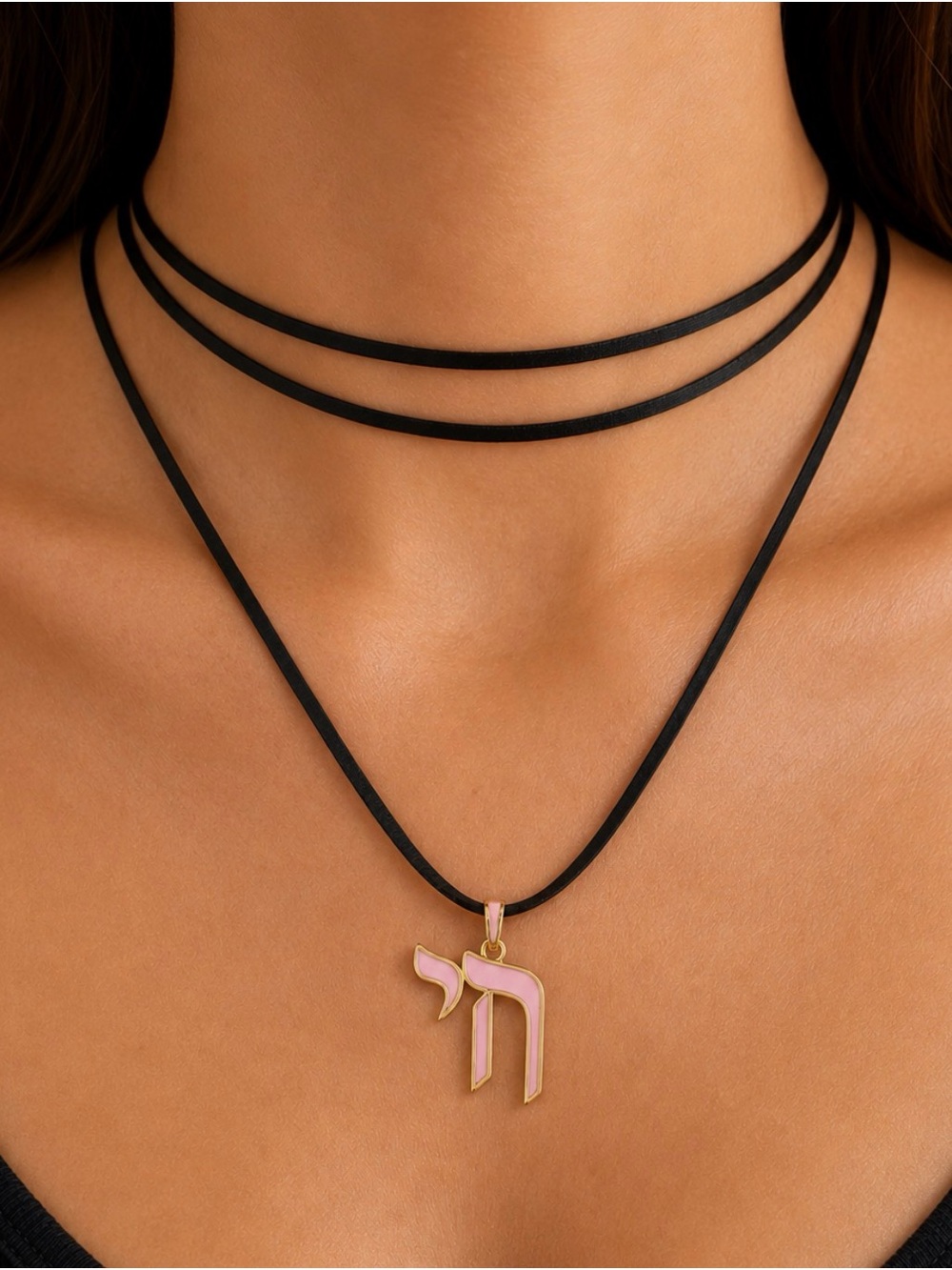 Hebrew Letter Chai Pendant Necklace - Black Strap - pink Enamel